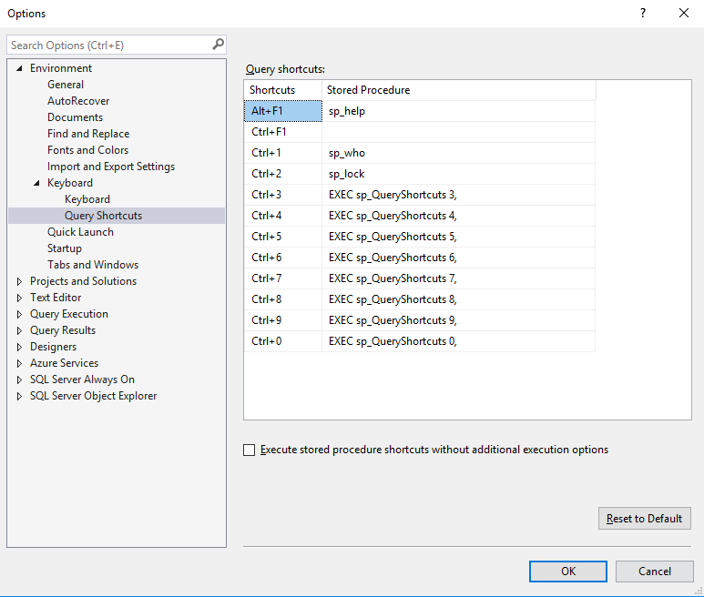 The SSMS Query Shortcuts options page, with Alt+F1 bound to sp_help, Ctrl+1 to sp_who, Ctrl+2 to sp_lock, and Ctrl+3 through Ctrl+0 each bound to EXEC sp_QueryShortcuts followed by their own number and a trailing comma.