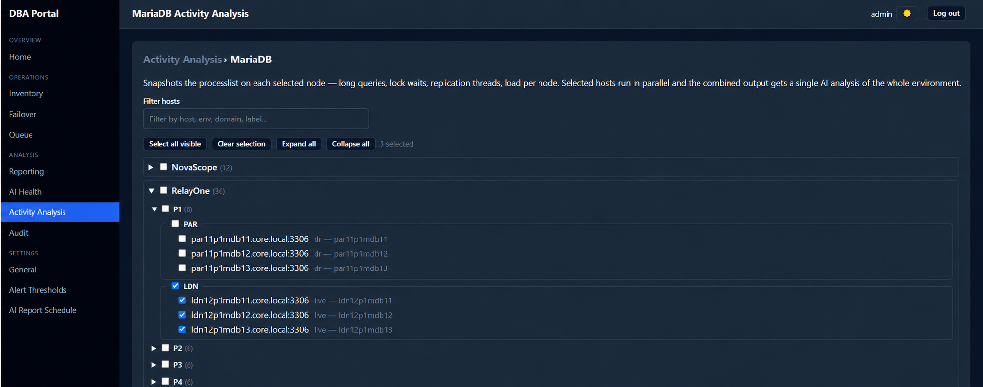 Activity Analysis — host picker grouped into a product and environment tree.