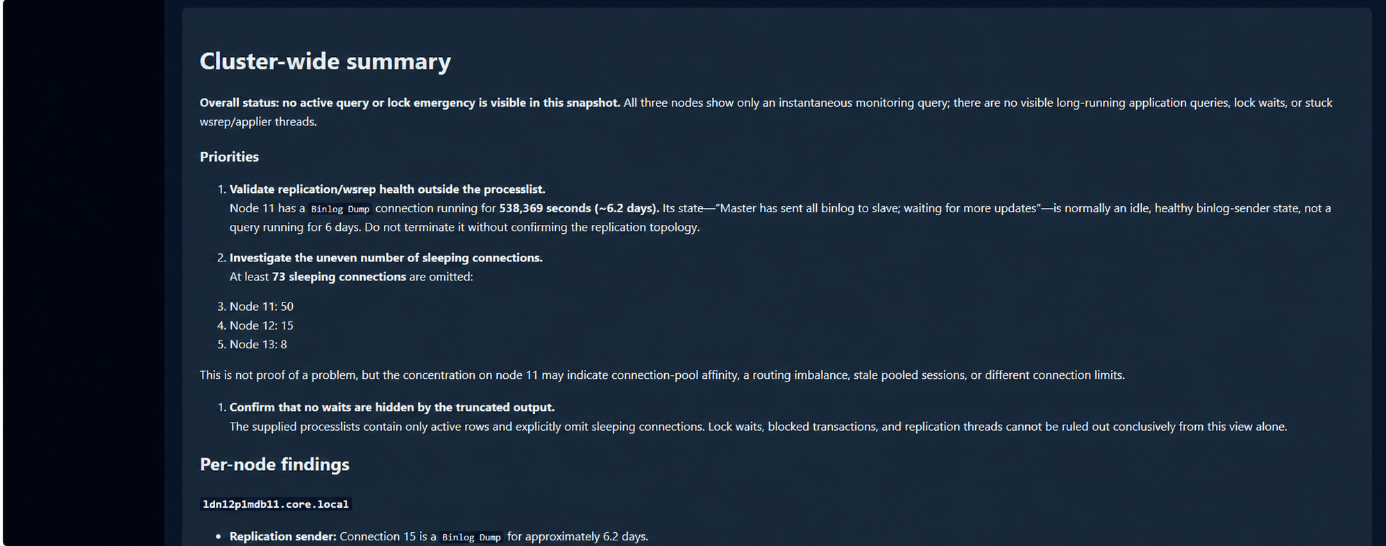 Cluster-wide activity summary written by the AI agent, with per-node findings.